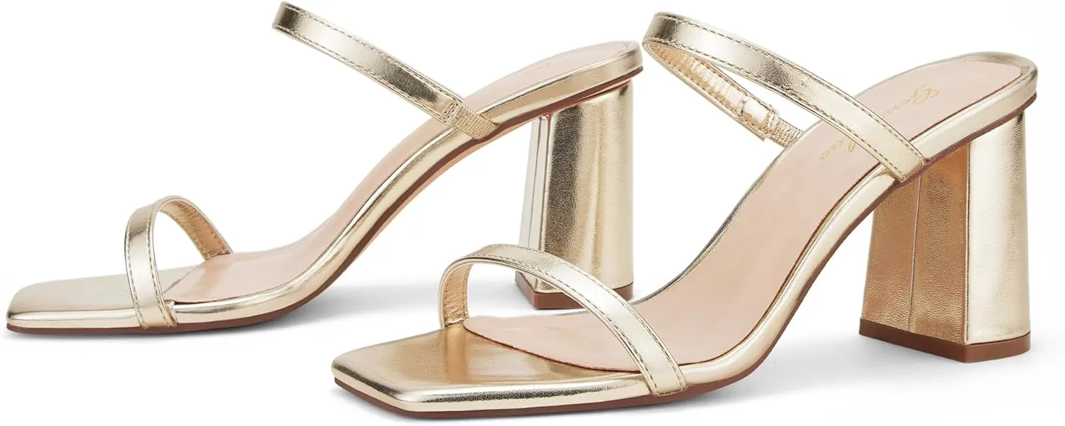 GENSHUO High Chunky Heels for Women Fashion Comfort Slip on Square Open Toe Block Heel Sandals Two Strap Backless Mules
