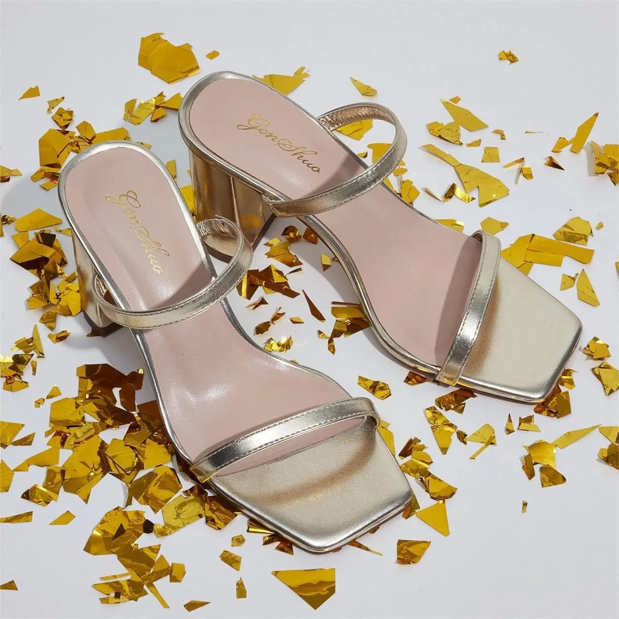 GENSHUO High Chunky Heels for Women Fashion Comfort Slip on Square Open Toe Block Heel Sandals Two Strap Backless Mules