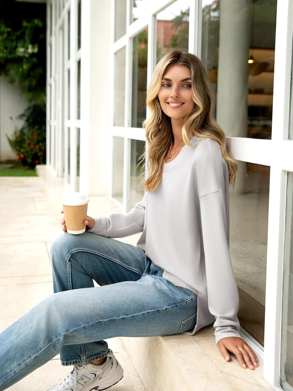 Glamaker Women's Long Sleeve V Neck Sweatshirt Air Essentials Soft Loose Pullover Sweatshirts