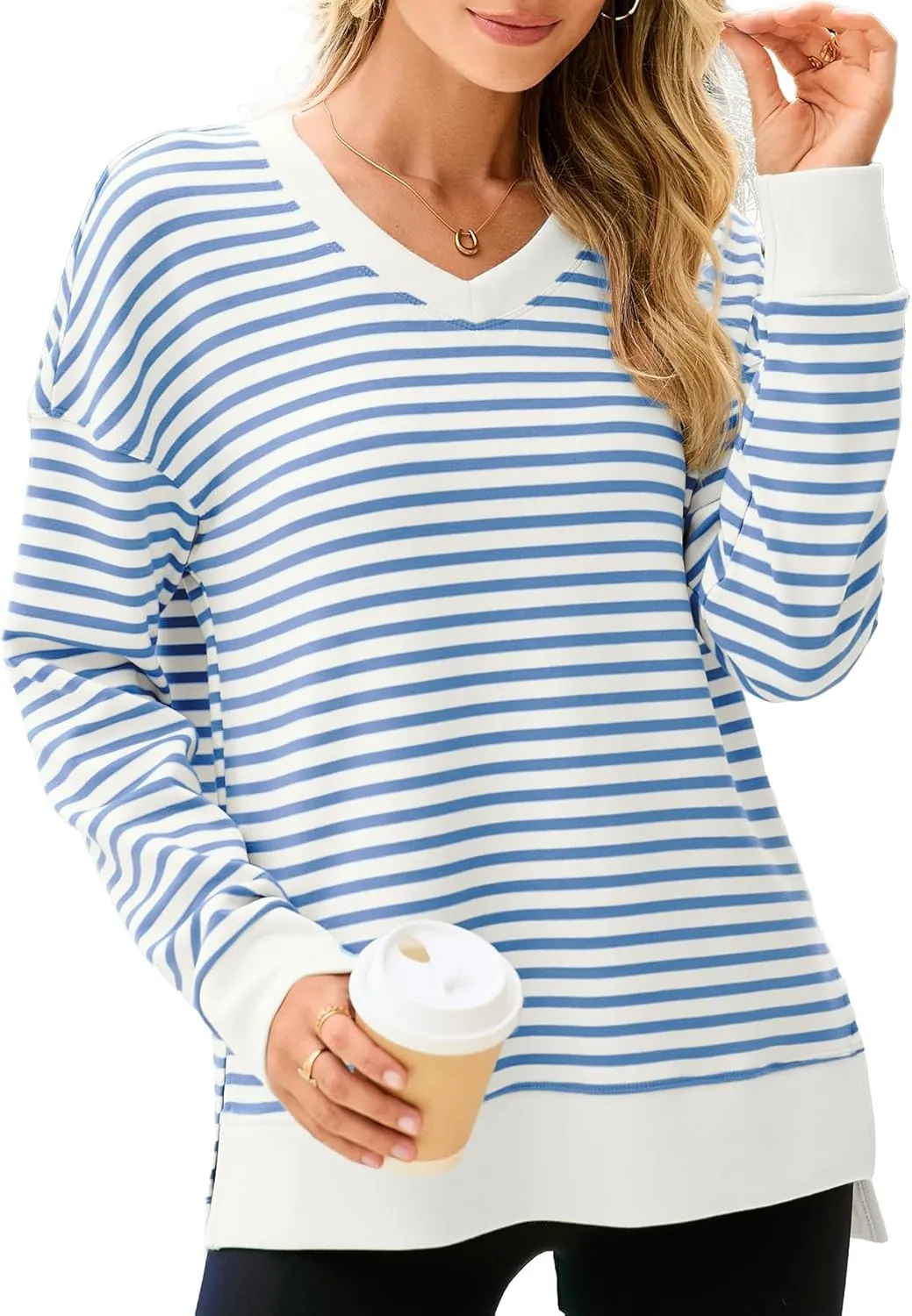 Glamaker Women's Long Sleeve V Neck Sweatshirt Air Essentials Soft Loose Pullover Sweatshirts