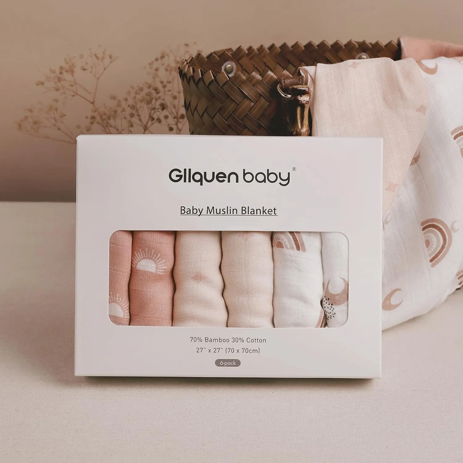 GLLQUEN BABY Receiving Blanket Boy Cotton Muslin Swaddle Blankets Girl Newborn Squares Breathable & Soft Thin Baby Blankets Cloths Double Absorbent Infant Swaddling Wrap - 6 Pack (Sun)