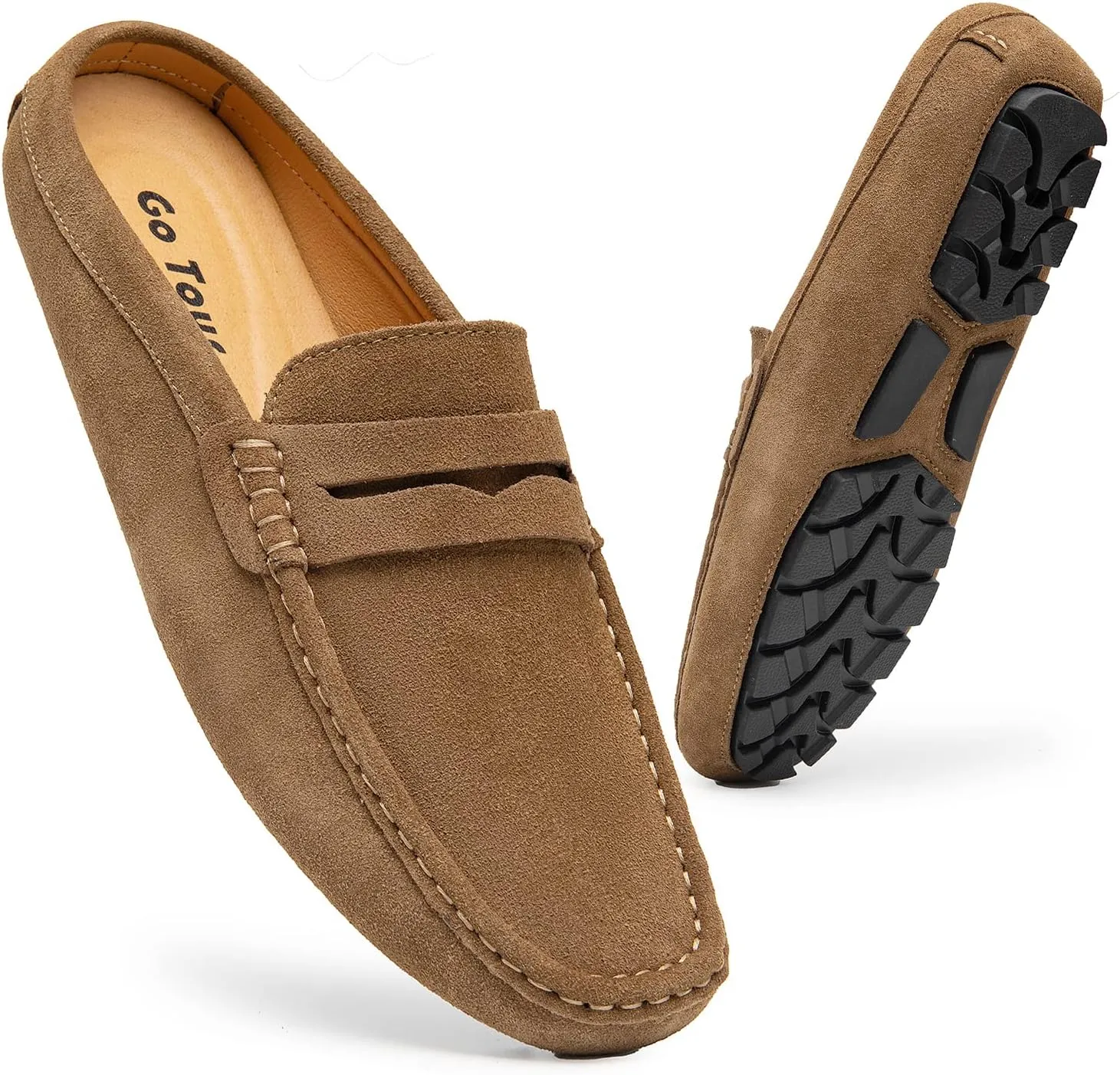 Go Tour Mens Handmade Suede Leather Mules Clog Slippers Breathable Leather Slip on Shoes Casual Loafers