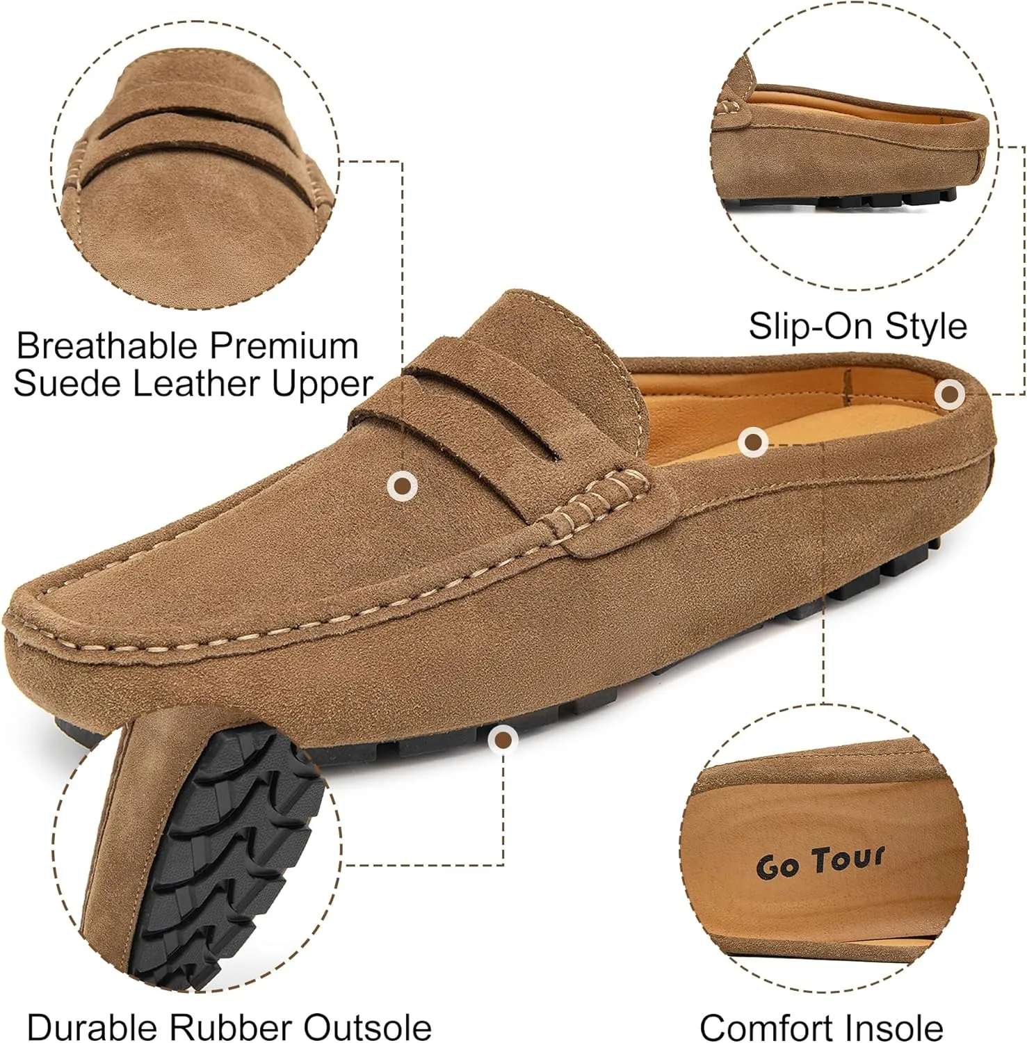 Go Tour Mens Handmade Suede Leather Mules Clog Slippers Breathable Leather Slip on Shoes Casual Loafers