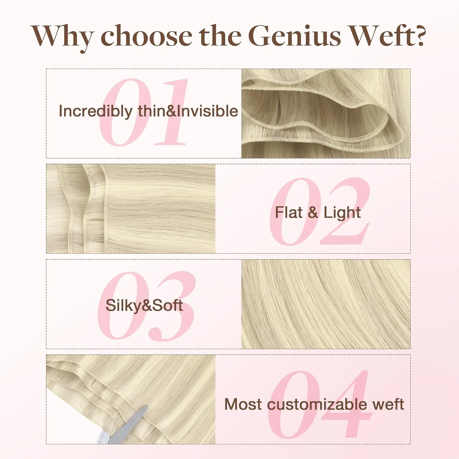 GOO GOO Genius Weft Hair Extensions Human Hair, Sew In Hair Extensions Rooted Remy Weft, 17A/60A Ash Blonde Highlighted Platinum Blonde 14inch 40g, Hand Tied Weft Hair Extensions