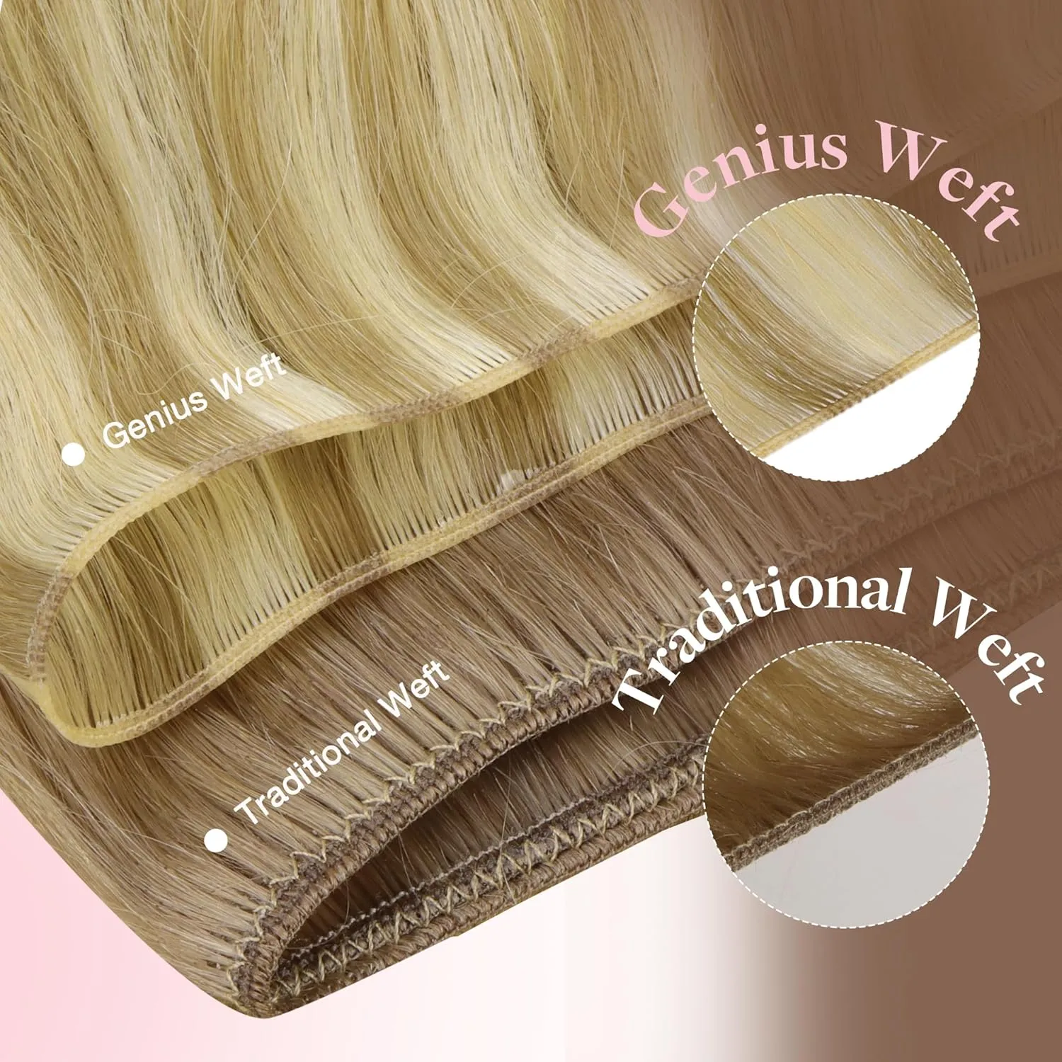 GOO GOO Genius Weft Hair Extensions Human Hair, Sew In Hair Extensions Rooted Remy Weft, 17A/60A Ash Blonde Highlighted Platinum Blonde 14inch 40g, Hand Tied Weft Hair Extensions
