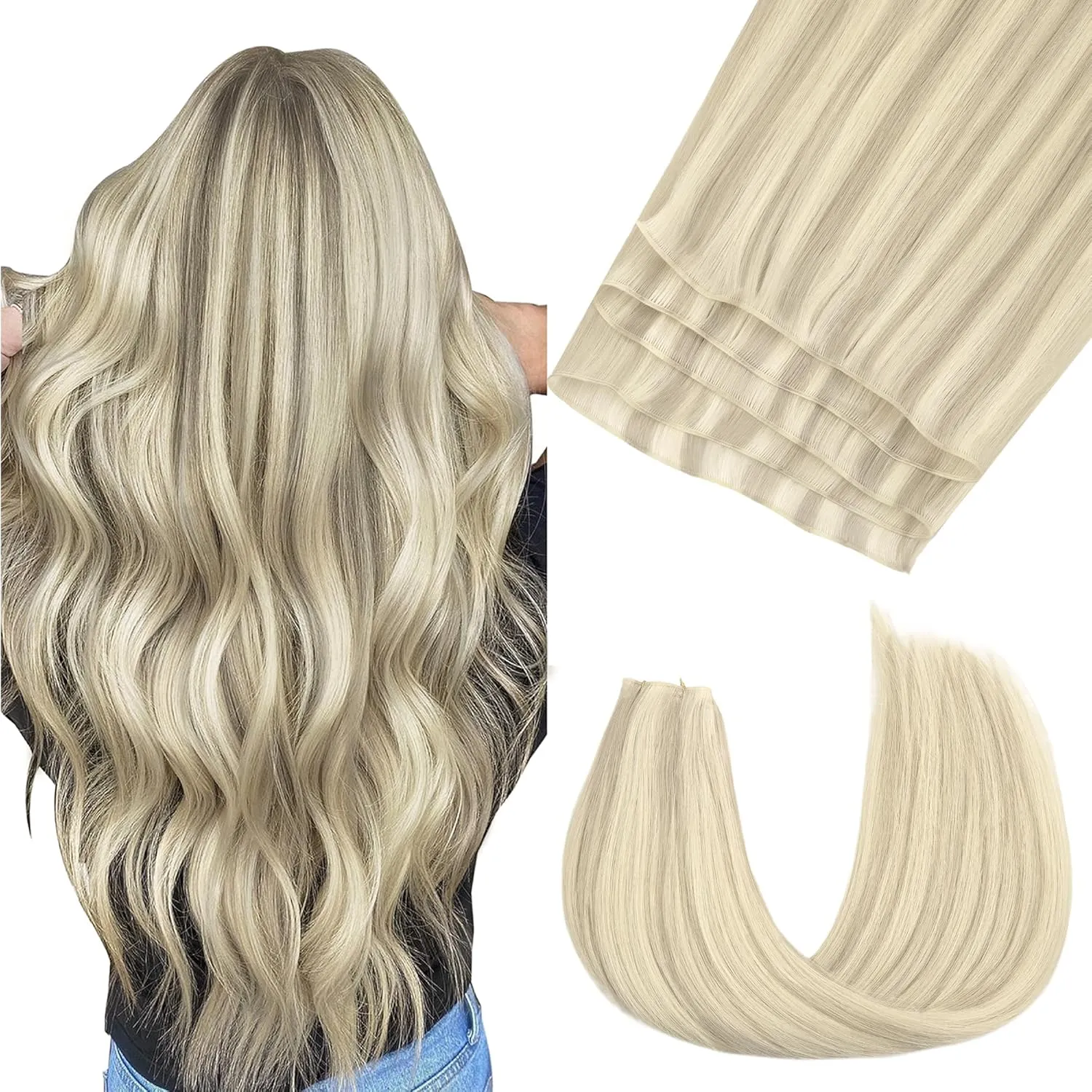 GOO GOO Genius Weft Hair Extensions Human Hair, Sew In Hair Extensions Rooted Remy Weft, 17A/60A Ash Blonde Highlighted Platinum Blonde 14inch 40g, Hand Tied Weft Hair Extensions