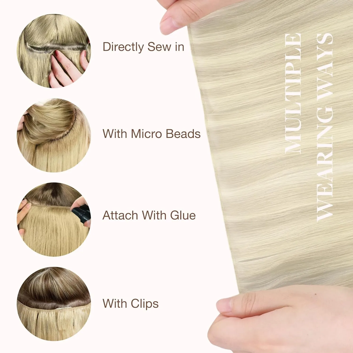 GOO GOO Genius Weft Hair Extensions Human Hair, Sew In Hair Extensions Rooted Remy Weft, 17A/60A Ash Blonde Highlighted Platinum Blonde 14inch 40g, Hand Tied Weft Hair Extensions
