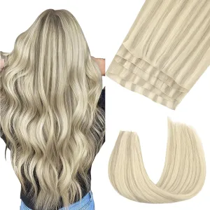GOO GOO Genius Weft Hair Extensions Human Hair, Sew In Hair Extensions Rooted Remy Weft, 17A/60A Ash Blonde Highlighted Platinum Blonde 14inch 40g, Hand Tied Weft Hair Extensions