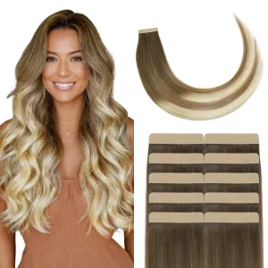 GOO GOO Tape Weft Hair extenisons, 3/8/613 Walnut Brown to Ash Brown and Bleach Blonde, 4cm Wide Tape, 18inch 20pcs 80g, Real Human Hair, Seamless Tape in, Instant Length&Volume