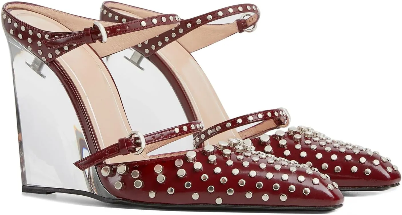 Goolita Clear Wedge Heels for Women, Closed Pointed Toe Mule Heels with Buckle Strap Sexy Backless Slip On Party Evening Shoes