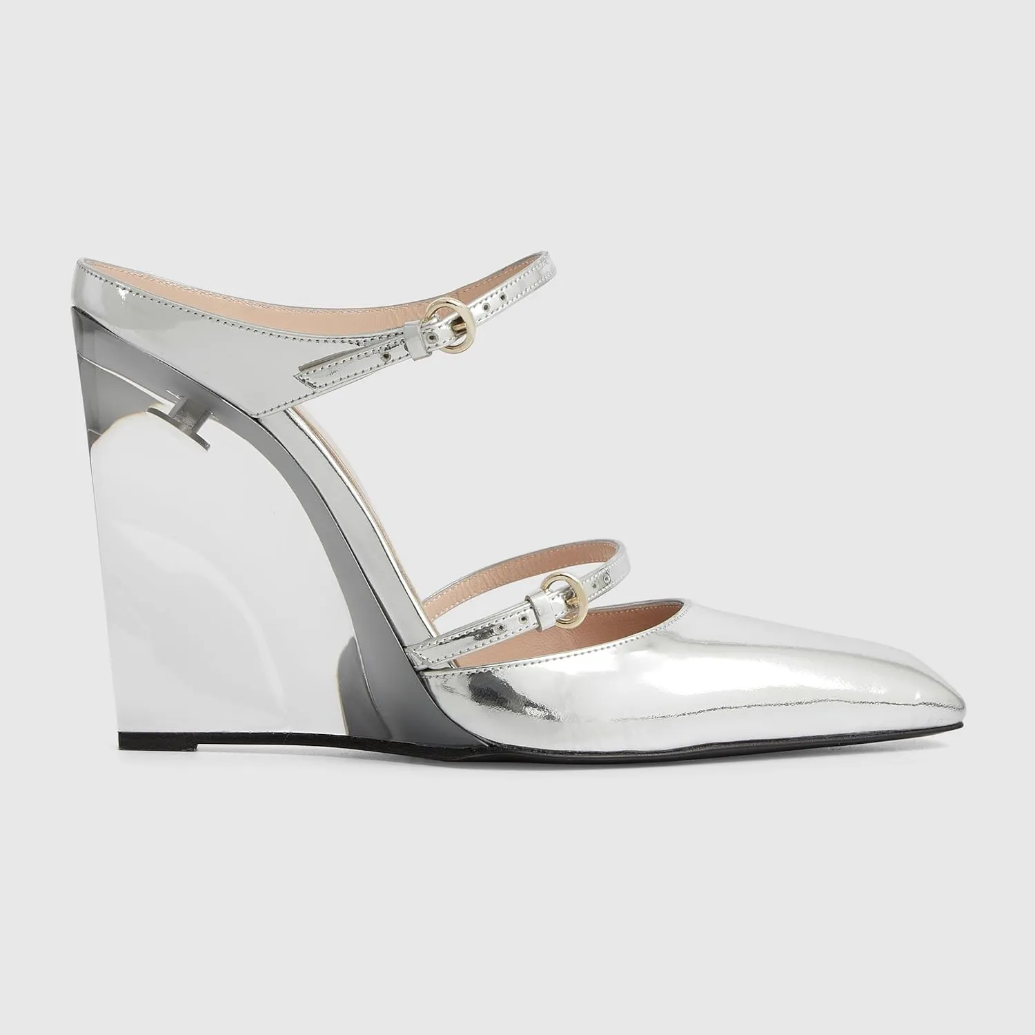 Goolita Clear Wedge Heels for Women, Closed Pointed Toe Mule Heels with Buckle Strap Sexy Backless Slip On Party Evening Shoes
