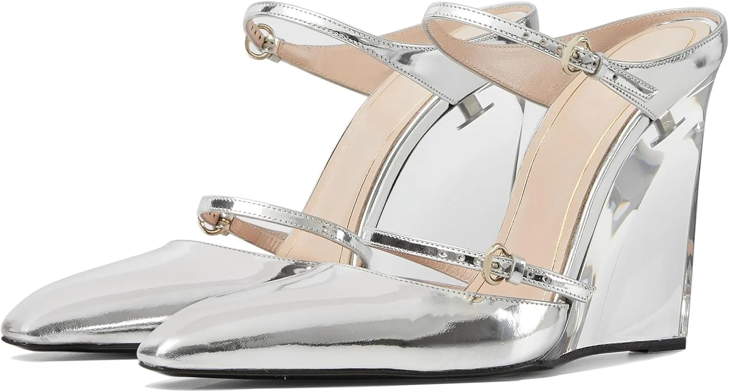 Goolita Clear Wedge Heels for Women, Closed Pointed Toe Mule Heels with Buckle Strap Sexy Backless Slip On Party Evening Shoes