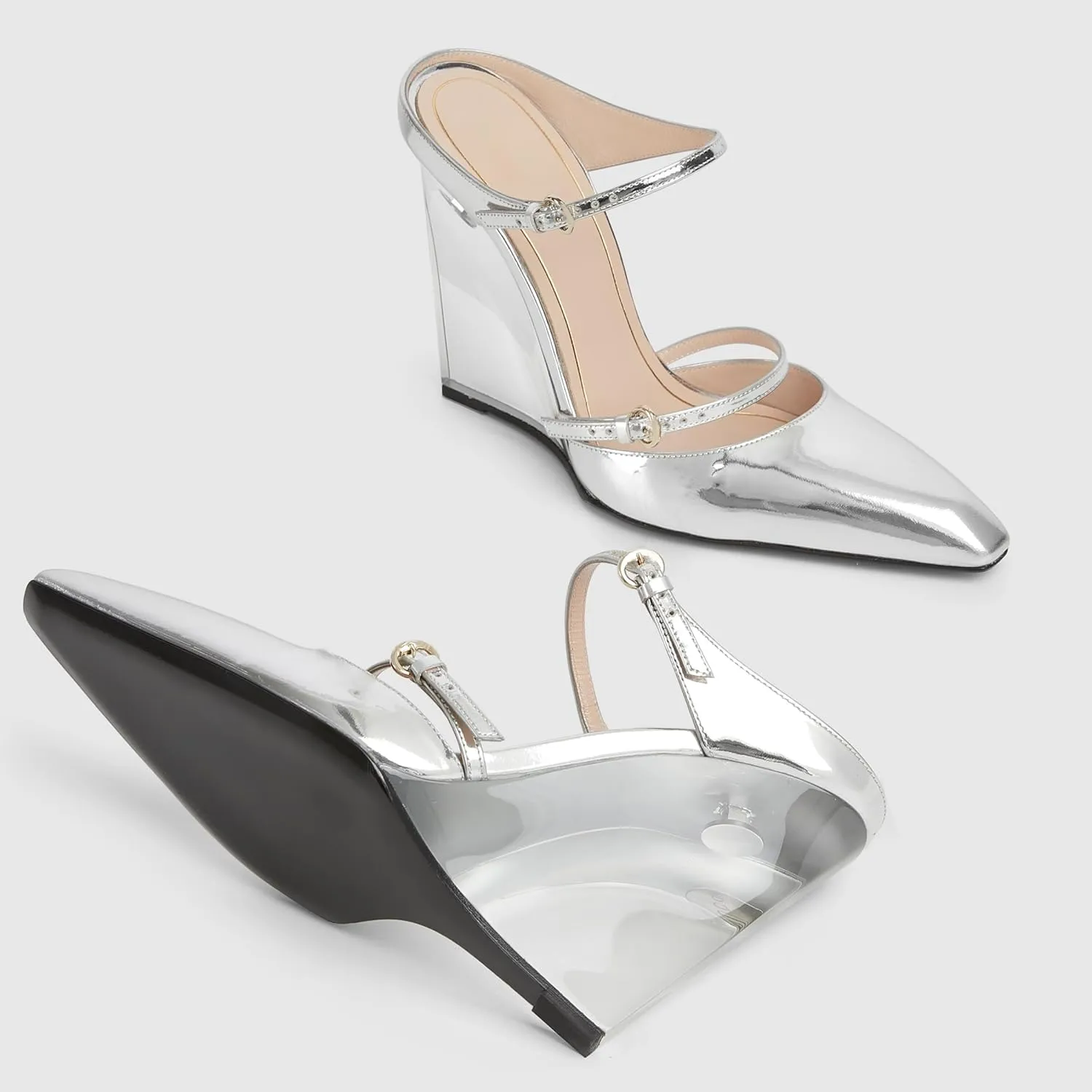 Goolita Clear Wedge Heels for Women, Closed Pointed Toe Mule Heels with Buckle Strap Sexy Backless Slip On Party Evening Shoes