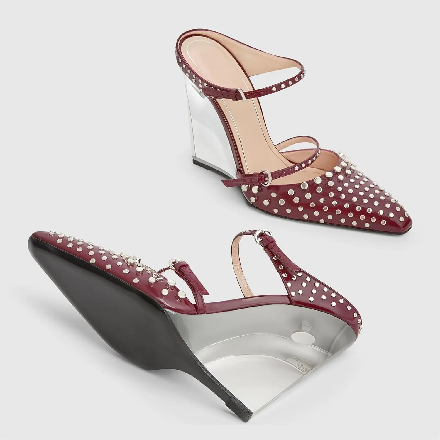 Goolita Clear Wedge Heels for Women, Closed Pointed Toe Mule Heels with Buckle Strap Sexy Backless Slip On Party Evening Shoes