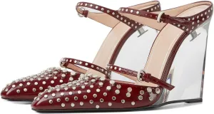 Goolita Clear Wedge Heels for Women, Closed Pointed Toe Mule Heels with Buckle Strap Sexy Backless Slip On Party Evening Shoes