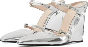 Goolita Clear Wedge Heels for Women, Closed Pointed Toe Mule Heels with Buckle Strap Sexy Backless Slip On Party Evening Shoes