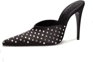 Goolita Flower Burgundy Pearl Mule Heels For Women, Stiletto Heel Slip On Pointed Toe Heeled Sandals Sexy Backless Party Heeled Slide Sandals