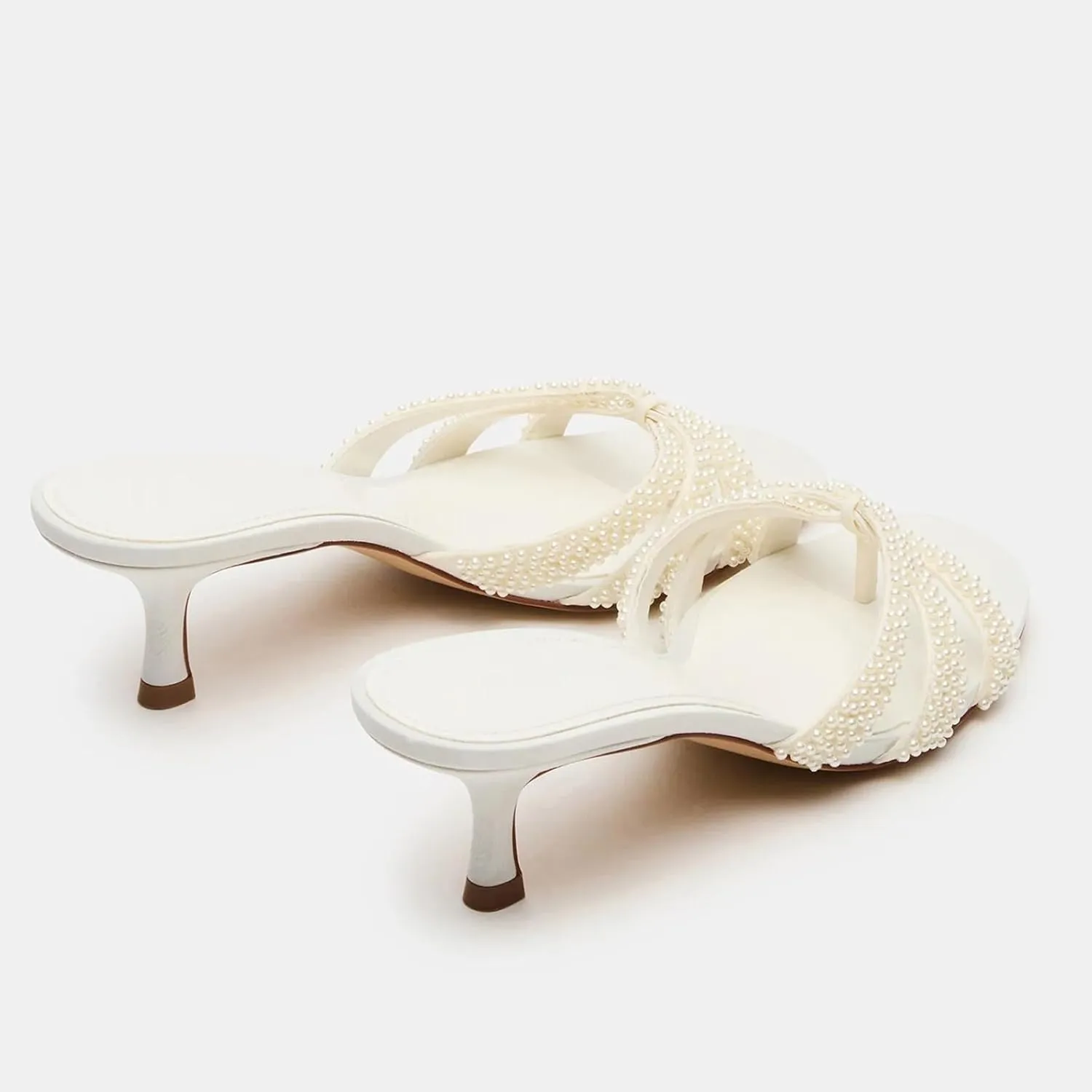 Goolita Women's Pearl Kitten Heels Flip Flops Open Round Toe Strappy Thong Slide Heeled Sandals Comfort Casual Party Mules Heels
