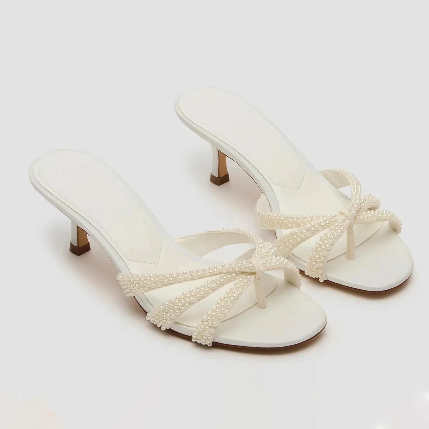 Goolita Women's Pearl Kitten Heels Flip Flops Open Round Toe Strappy Thong Slide Heeled Sandals Comfort Casual Party Mules Heels