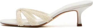 Goolita Women's Pearl Kitten Heels Flip Flops Open Round Toe Strappy Thong Slide Heeled Sandals Comfort Casual Party Mules Heels