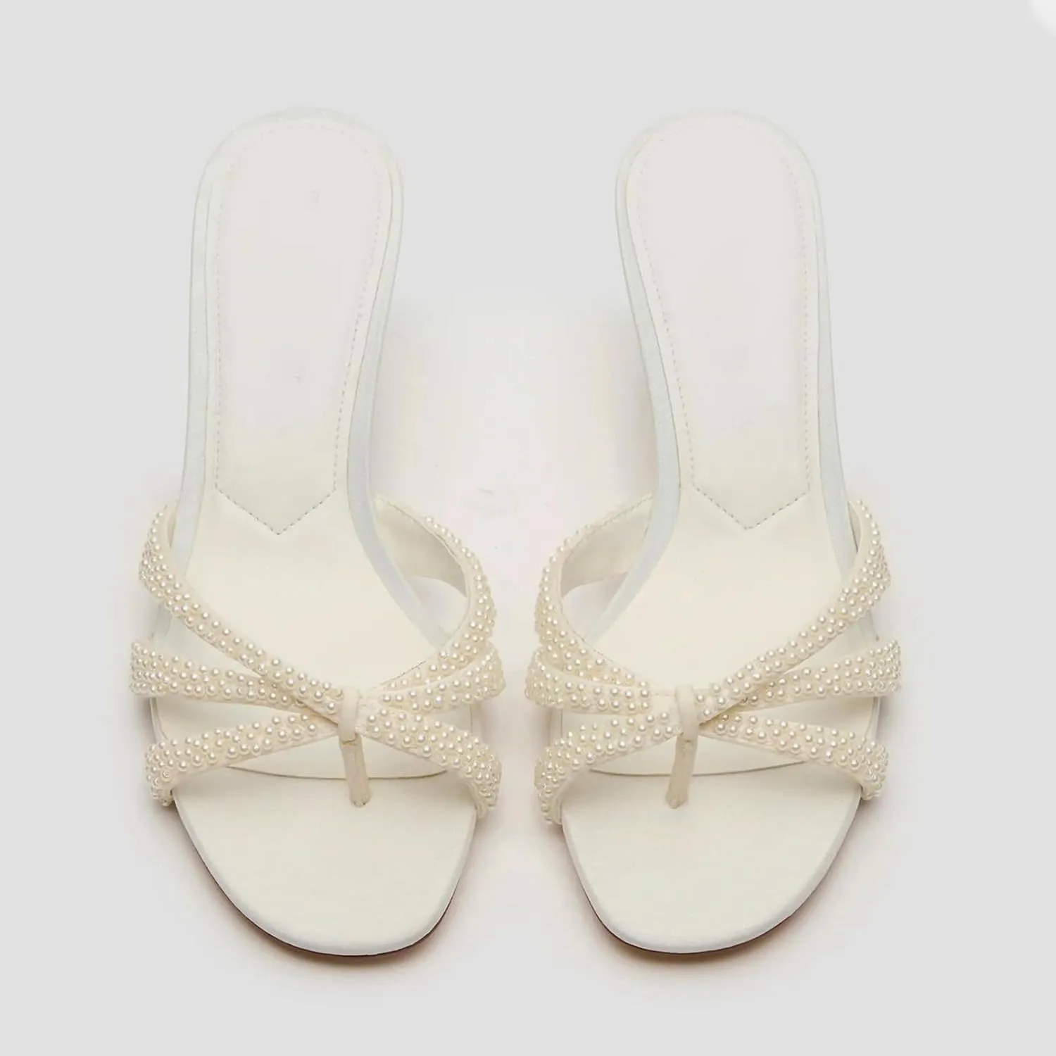 Goolita Women's Pearl Kitten Heels Flip Flops Open Round Toe Strappy Thong Slide Heeled Sandals Comfort Casual Party Mules Heels