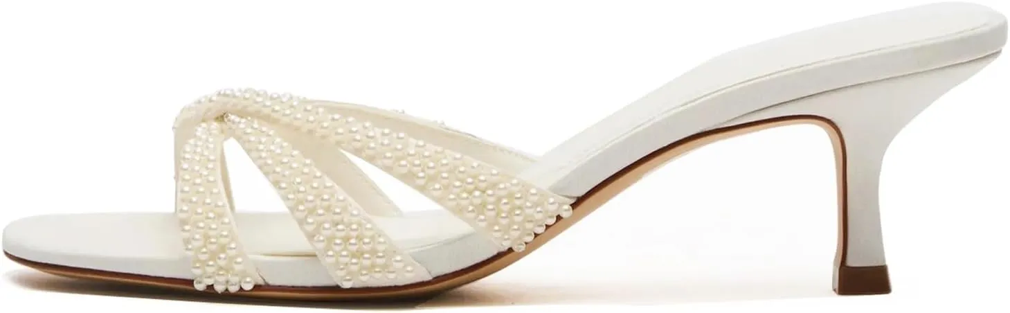 Goolita Women's Pearl Kitten Heels Flip Flops Open Round Toe Strappy Thong Slide Heeled Sandals Comfort Casual Party Mules Heels