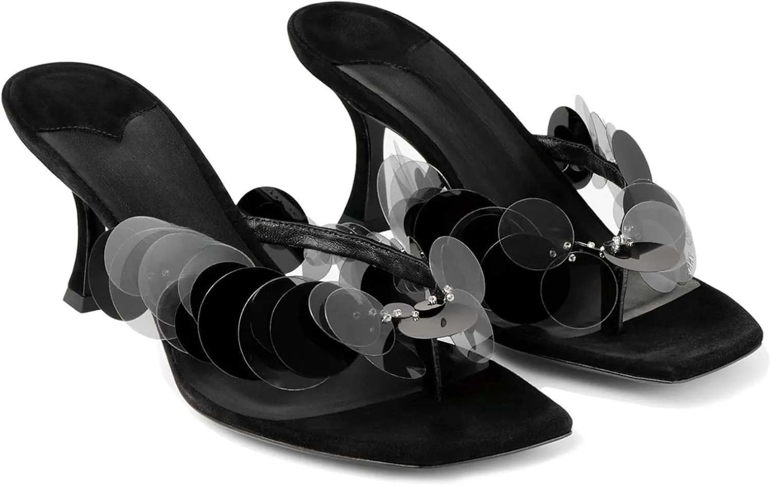 Goolita Women's Suede Sequin Stiletto Heels Flip Flops Open Square Toe Strappy Thong Slide Heeled Sandals Comfort Prom Party Mules Heels