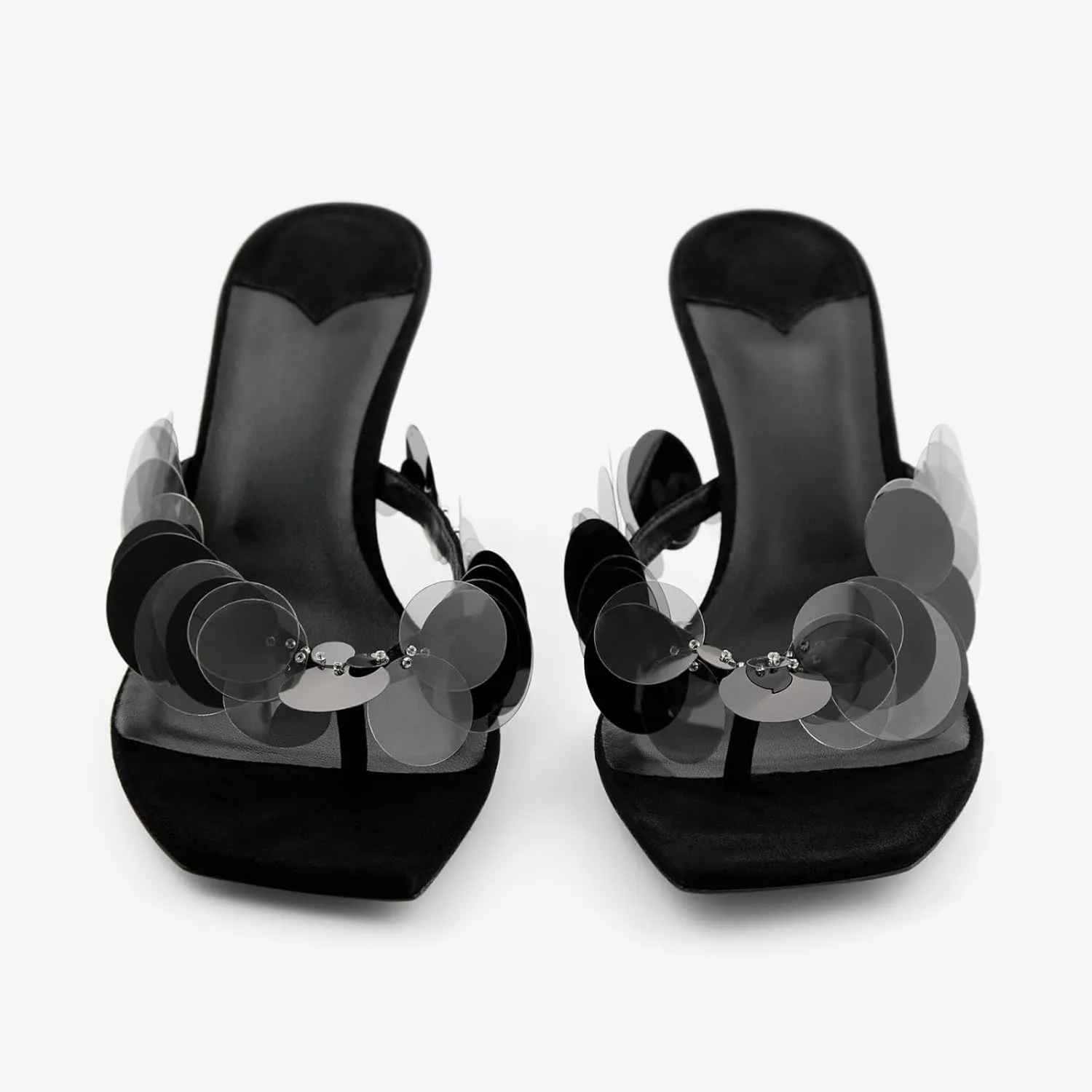 Goolita Women's Suede Sequin Stiletto Heels Flip Flops Open Square Toe Strappy Thong Slide Heeled Sandals Comfort Prom Party Mules Heels