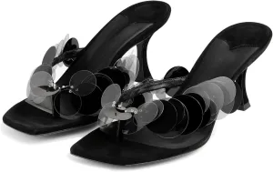 Goolita Women's Suede Sequin Stiletto Heels Flip Flops Open Square Toe Strappy Thong Slide Heeled Sandals Comfort Prom Party Mules Heels