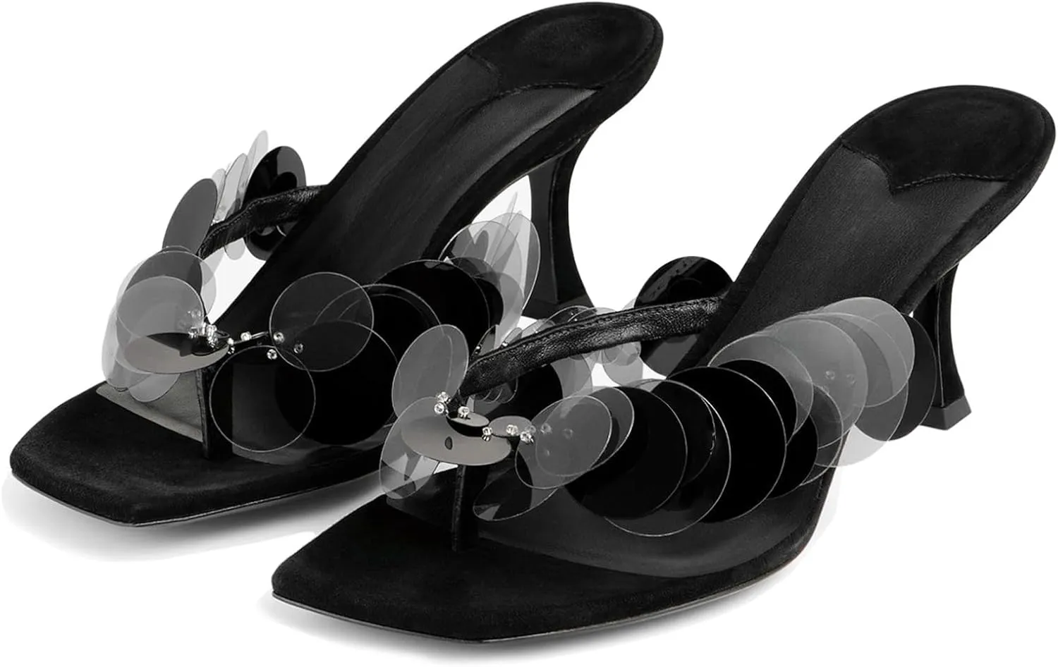 Goolita Women's Suede Sequin Stiletto Heels Flip Flops Open Square Toe Strappy Thong Slide Heeled Sandals Comfort Prom Party Mules Heels
