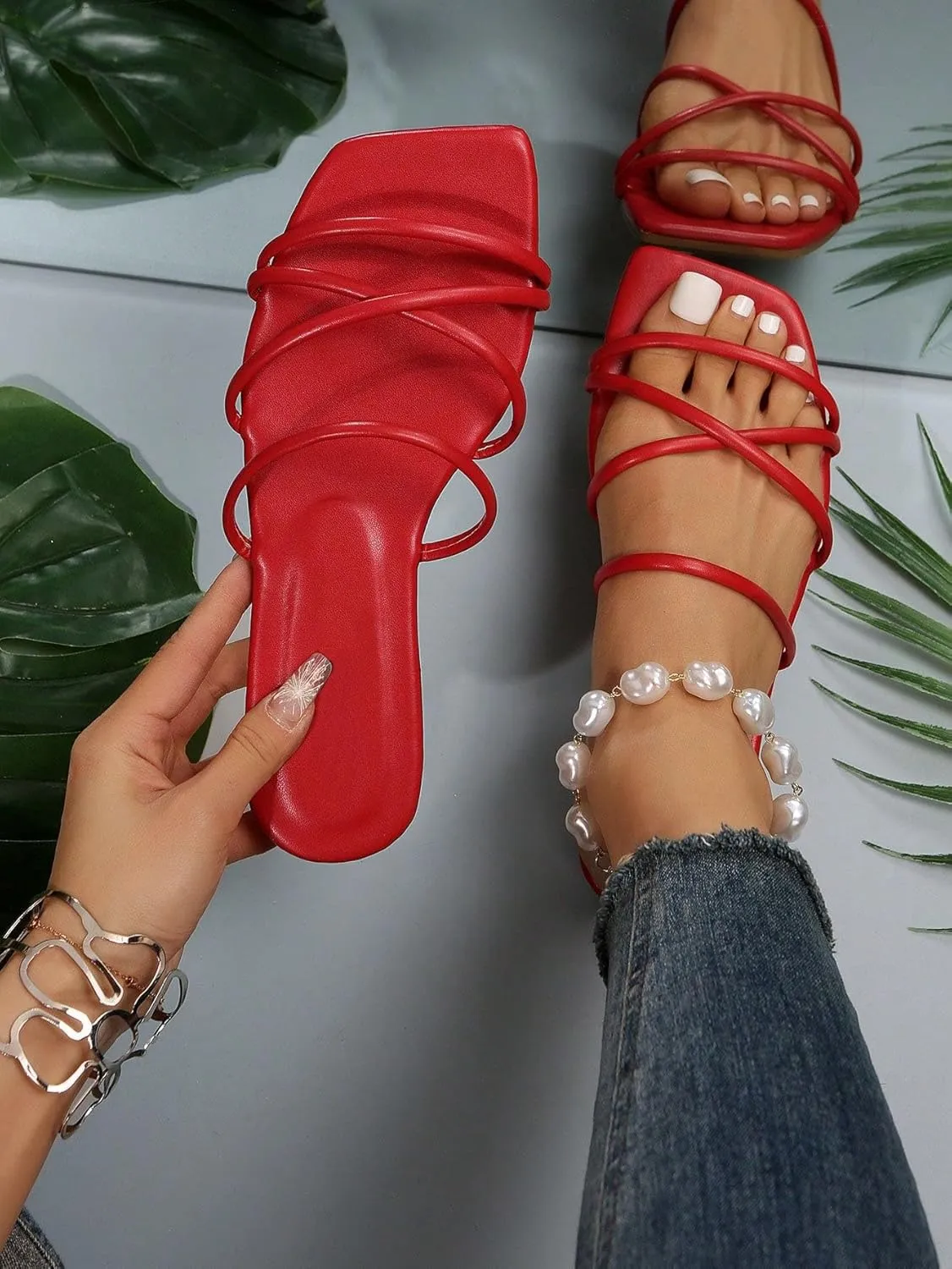GORGLITTER Women's Strappy Flat Sandals Cute Dressy Open Toe Slip on Slide Sandals
