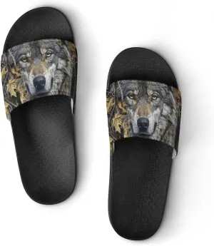 Gray Wolf Woods Leaves Branches Slippers Shower Slipper In-Door Slipper Quick Drying Non-Slip Bathroom Pool Woman Man PVC