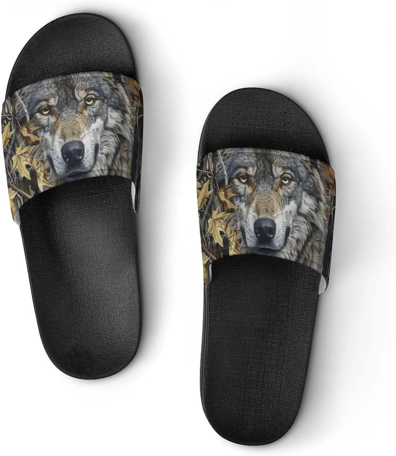 Gray Wolf Woods Leaves Branches Slippers Shower Slipper In-Door Slipper Quick Drying Non-Slip Bathroom Pool Woman Man PVC