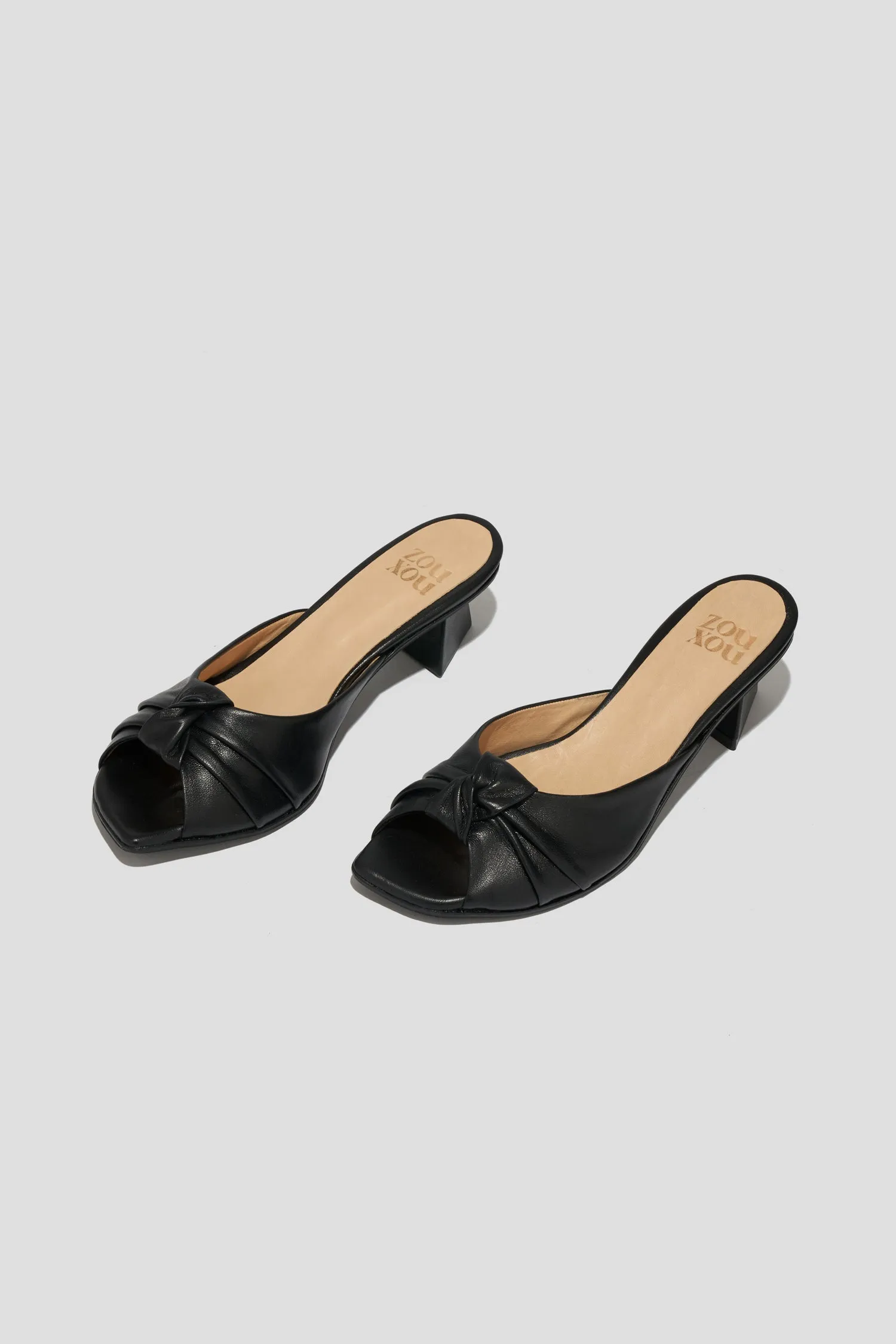 Greta Pleated Knot Heeled Mule in Black