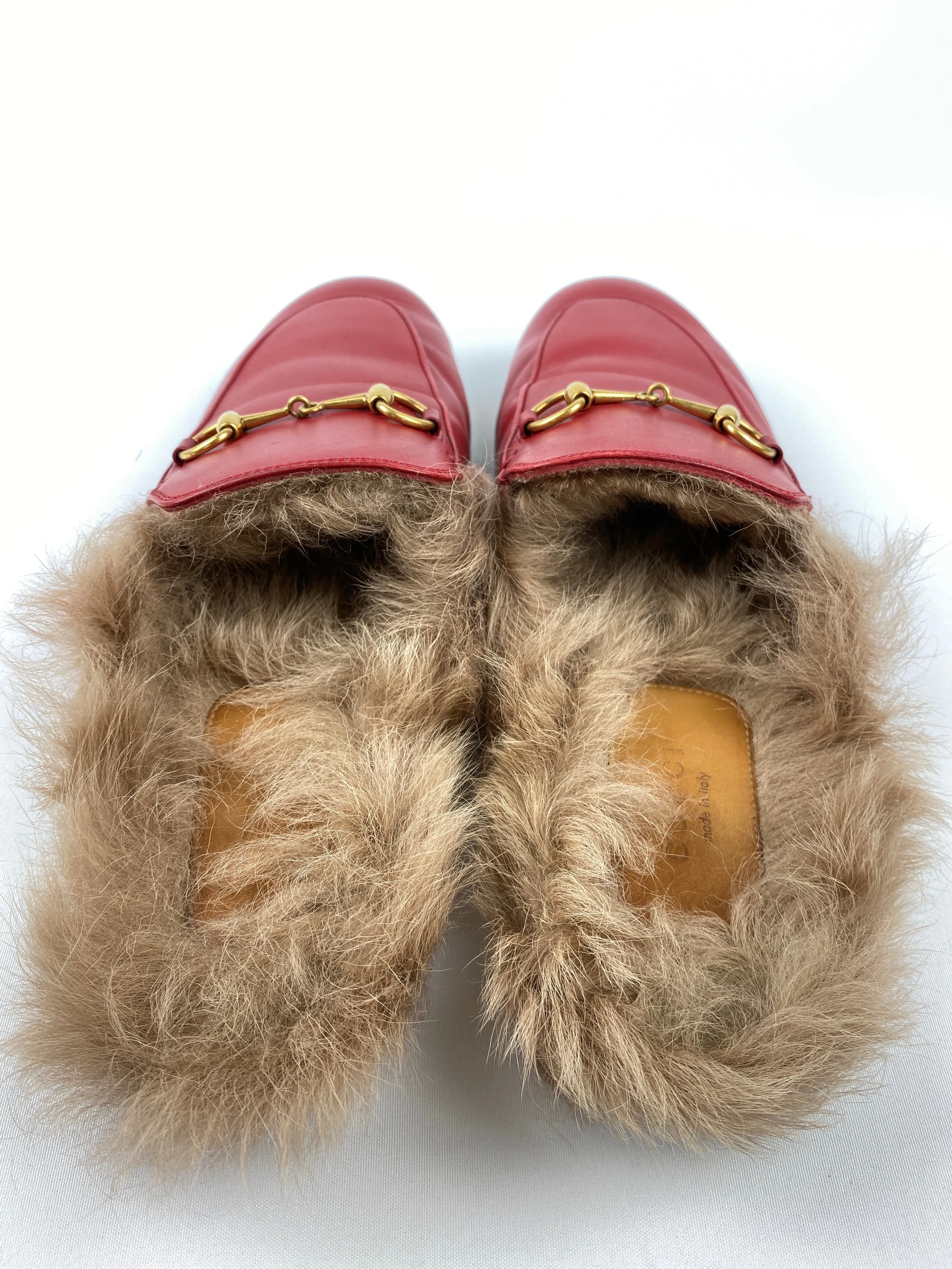 GUCCI - RED LEATHER FUR PRINCETOWN MULES - SZ 39.5