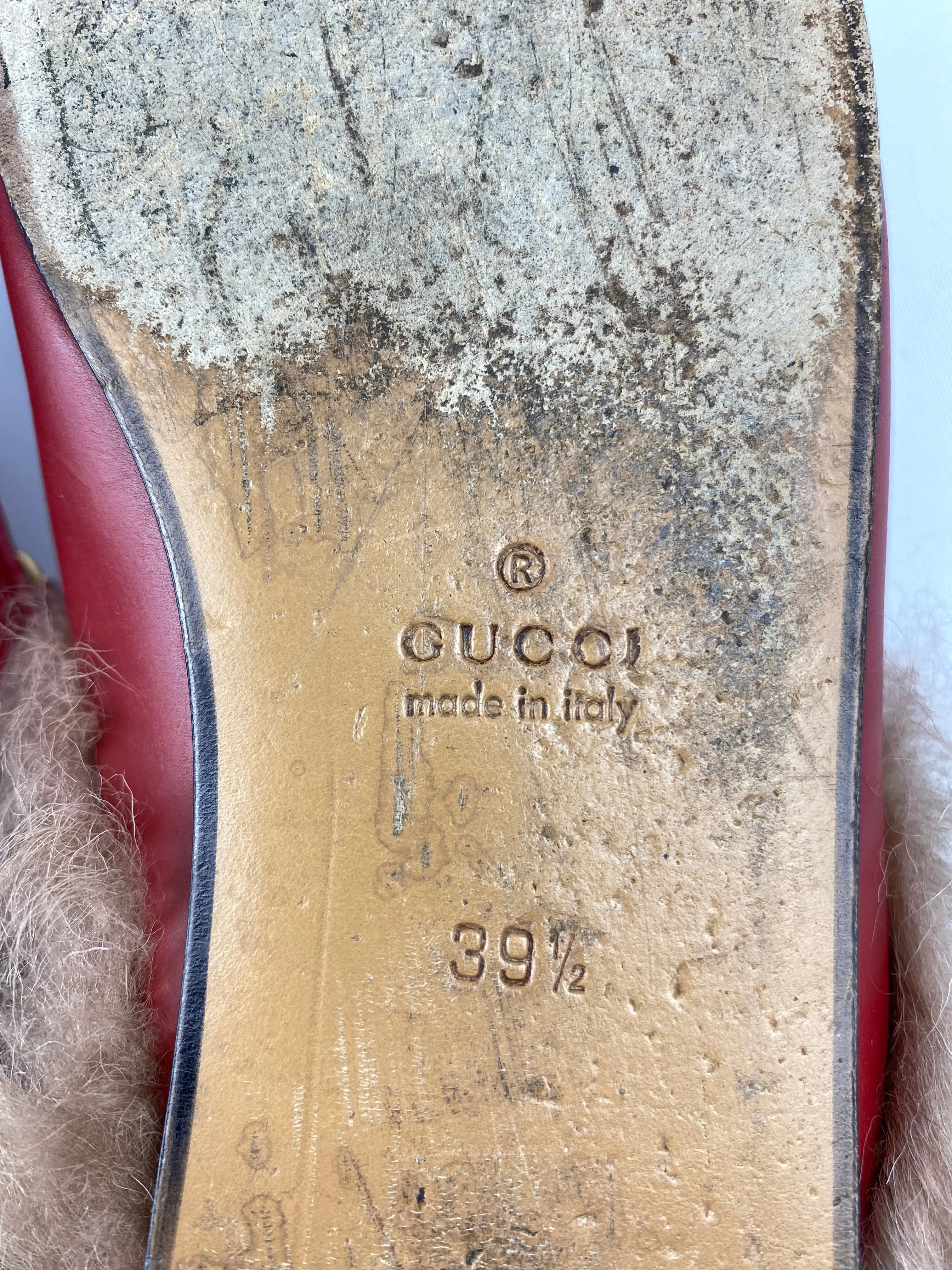 GUCCI - RED LEATHER FUR PRINCETOWN MULES - SZ 39.5