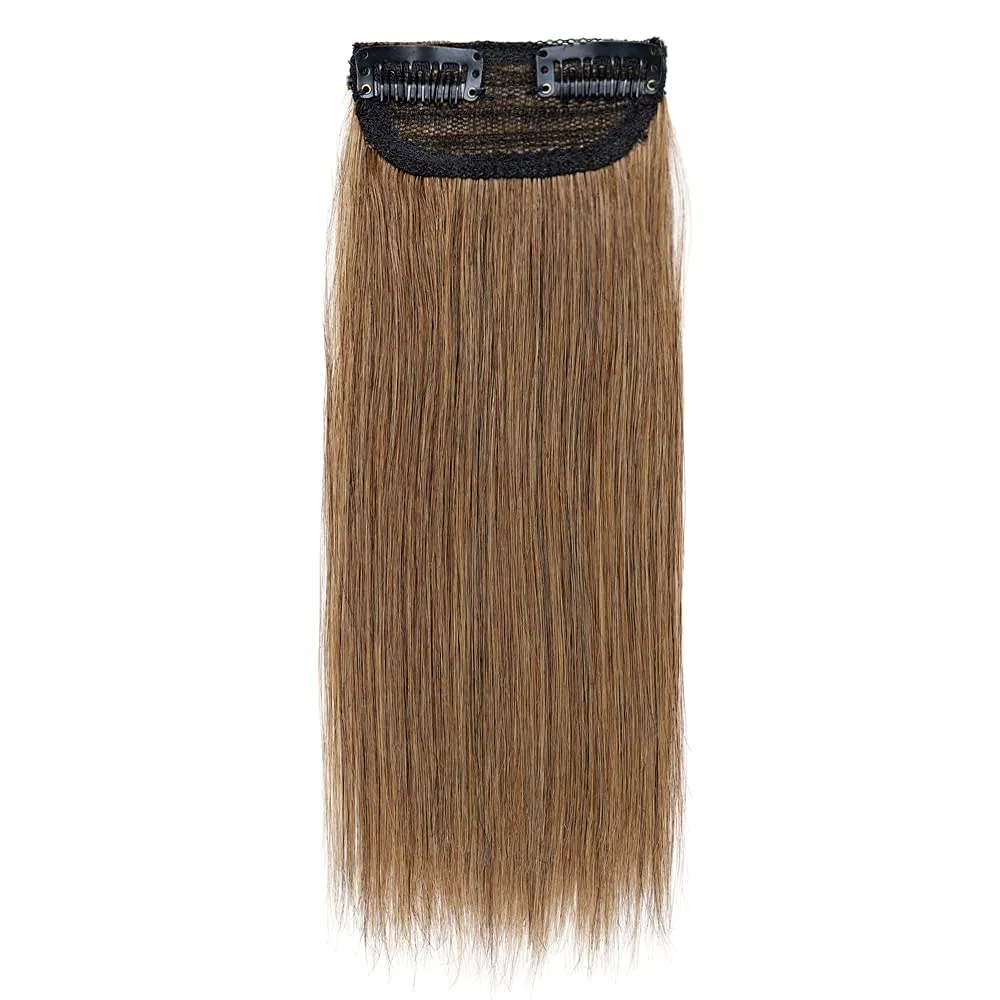 Hairro Human Hair Clip in Mini Hair Extensions for Men and Women 10 Inch #6 Light Brown Short Straight Clip on Remy Hair Wiglet Topper Seamless Filler Hairpieces for Thinning Hair and Baldness