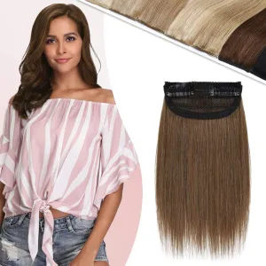 Hairro Human Hair Clip in Mini Hair Extensions for Men and Women 10 Inch #6 Light Brown Short Straight Clip on Remy Hair Wiglet Topper Seamless Filler Hairpieces for Thinning Hair and Baldness