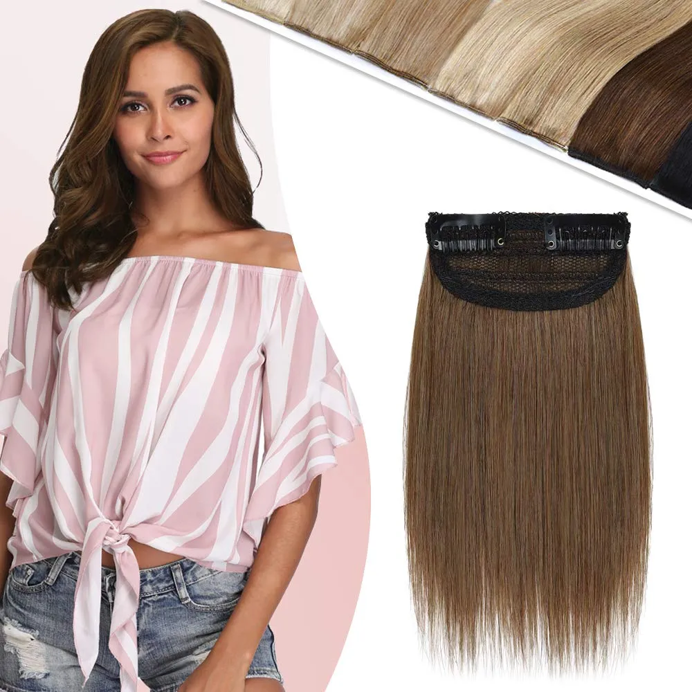 Hairro Human Hair Clip in Mini Hair Extensions for Men and Women 10 Inch #6 Light Brown Short Straight Clip on Remy Hair Wiglet Topper Seamless Filler Hairpieces for Thinning Hair and Baldness