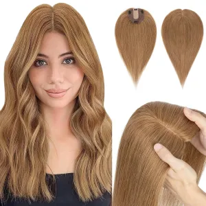 Hairro Human Hair Topper, Clips in 100% Real Hairpieces with 4"x 4.7" Silk Base for Women, for High Hairline/Covering Greyish Thin Hair on Top, 14 Inch Blondish Brown