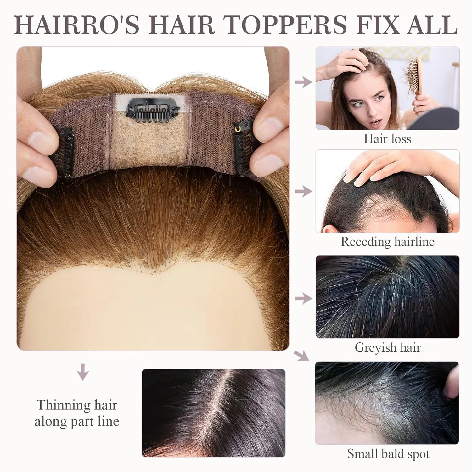 Hairro Human Hair Topper, Clips in 100% Real Hairpieces with 4"x 4.7" Silk Base for Women, for High Hairline/Covering Greyish Thin Hair on Top, 14 Inch Blondish Brown