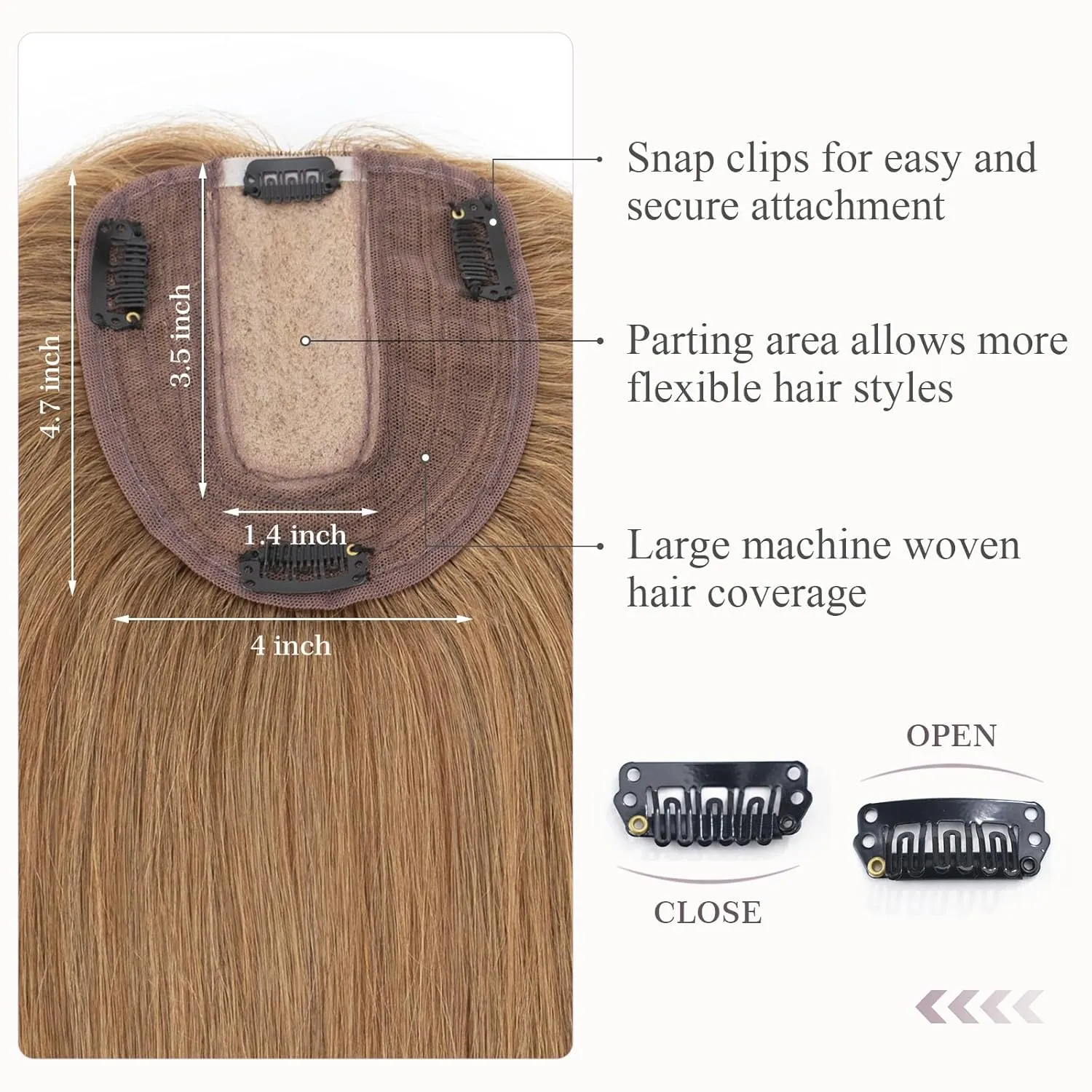 Hairro Human Hair Topper, Clips in 100% Real Hairpieces with 4"x 4.7" Silk Base for Women, for High Hairline/Covering Greyish Thin Hair on Top, 14 Inch Blondish Brown
