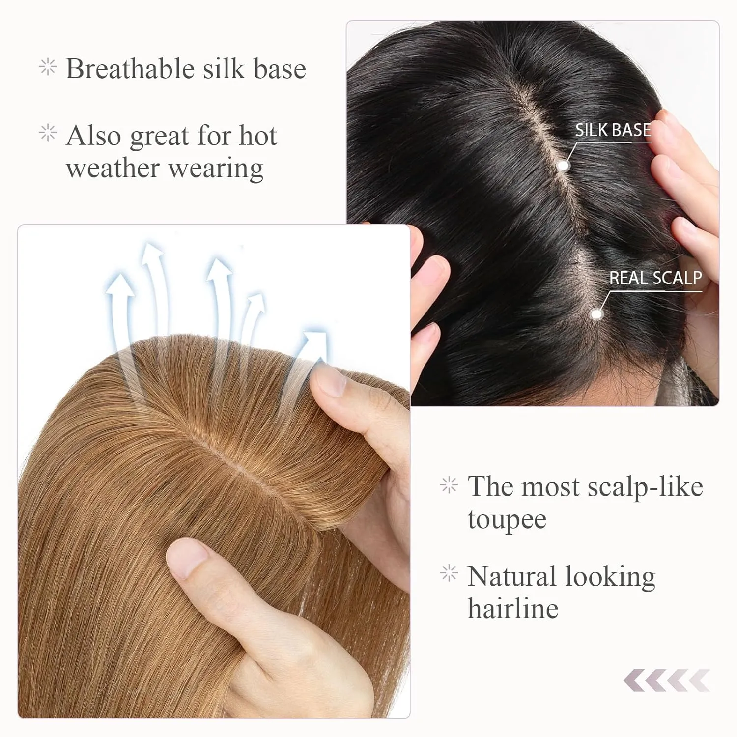 Hairro Human Hair Topper, Clips in 100% Real Hairpieces with 4"x 4.7" Silk Base for Women, for High Hairline/Covering Greyish Thin Hair on Top, 14 Inch Blondish Brown