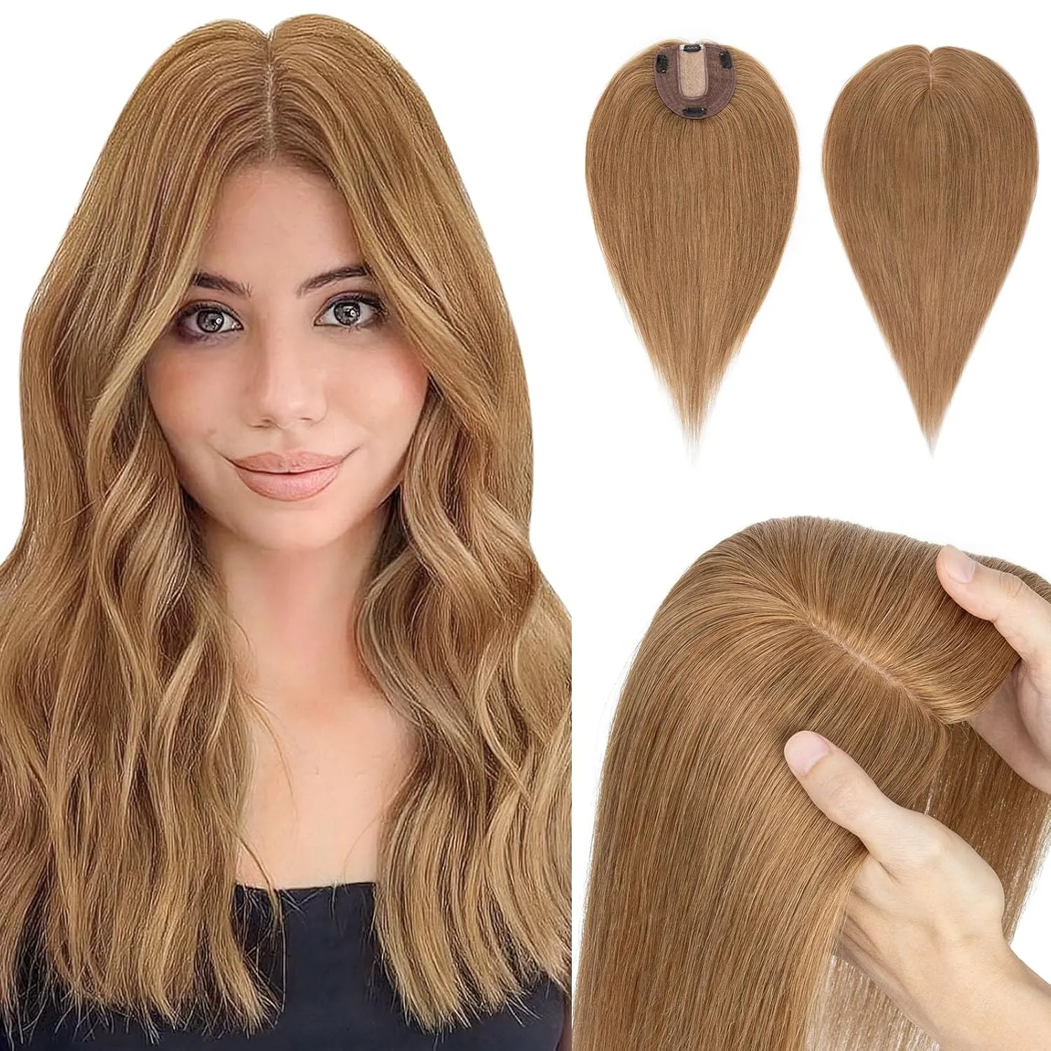 Hairro Human Hair Topper, Clips in 100% Real Hairpieces with 4"x 4.7" Silk Base for Women, for High Hairline/Covering Greyish Thin Hair on Top, 14 Inch Blondish Brown