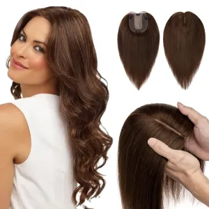 Hairro Human Hair Topper, Clips in 100% Real Hairpieces with 4"x 4.7" Silk Base for Women, for High Hairline/Covering Greyish Thin Hair on Top, 8 Inch Medium Brown