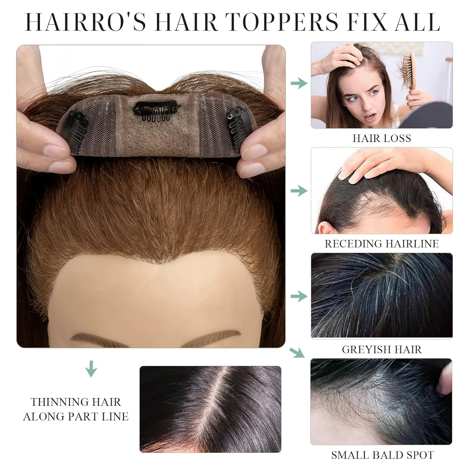 Hairro Human Hair Topper, Clips in 100% Real Hairpieces with 4"x 4.7" Silk Base for Women, for High Hairline/Covering Greyish Thin Hair on Top, 8 Inch Medium Brown