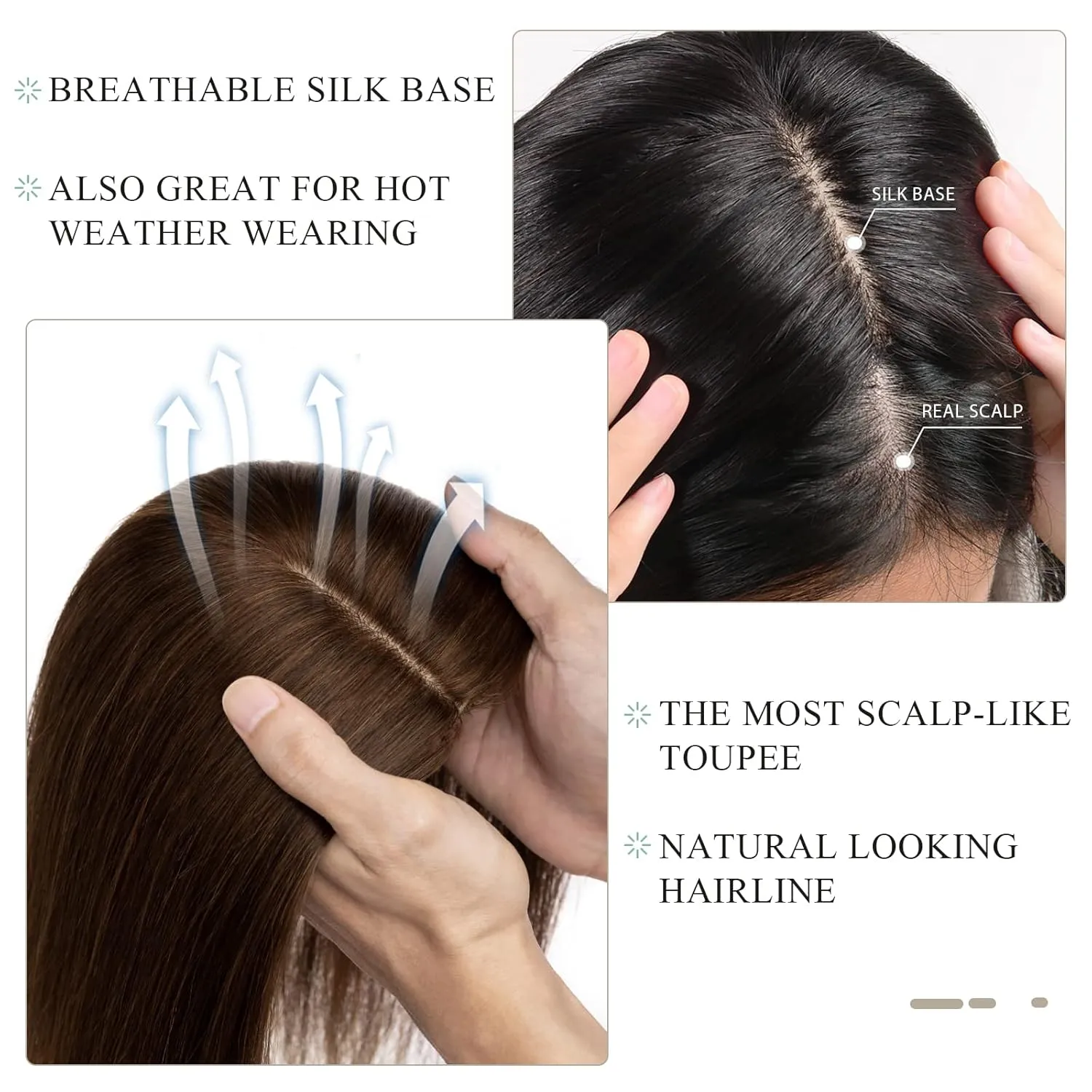 Hairro Human Hair Topper, Clips in 100% Real Hairpieces with 4"x 4.7" Silk Base for Women, for High Hairline/Covering Greyish Thin Hair on Top, 8 Inch Medium Brown