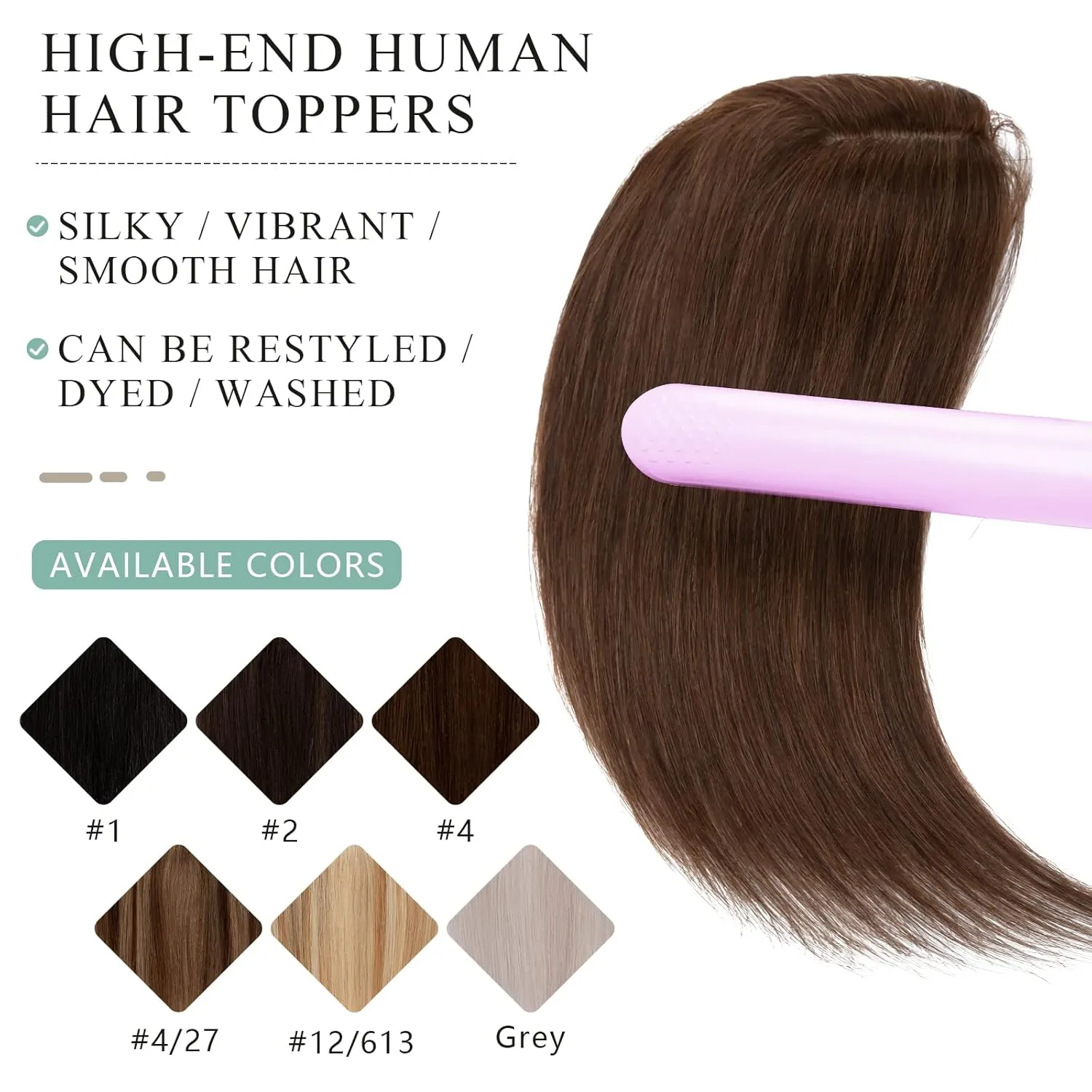 Hairro Human Hair Topper, Clips in 100% Real Hairpieces with 4"x 4.7" Silk Base for Women, for High Hairline/Covering Greyish Thin Hair on Top, 8 Inch Medium Brown