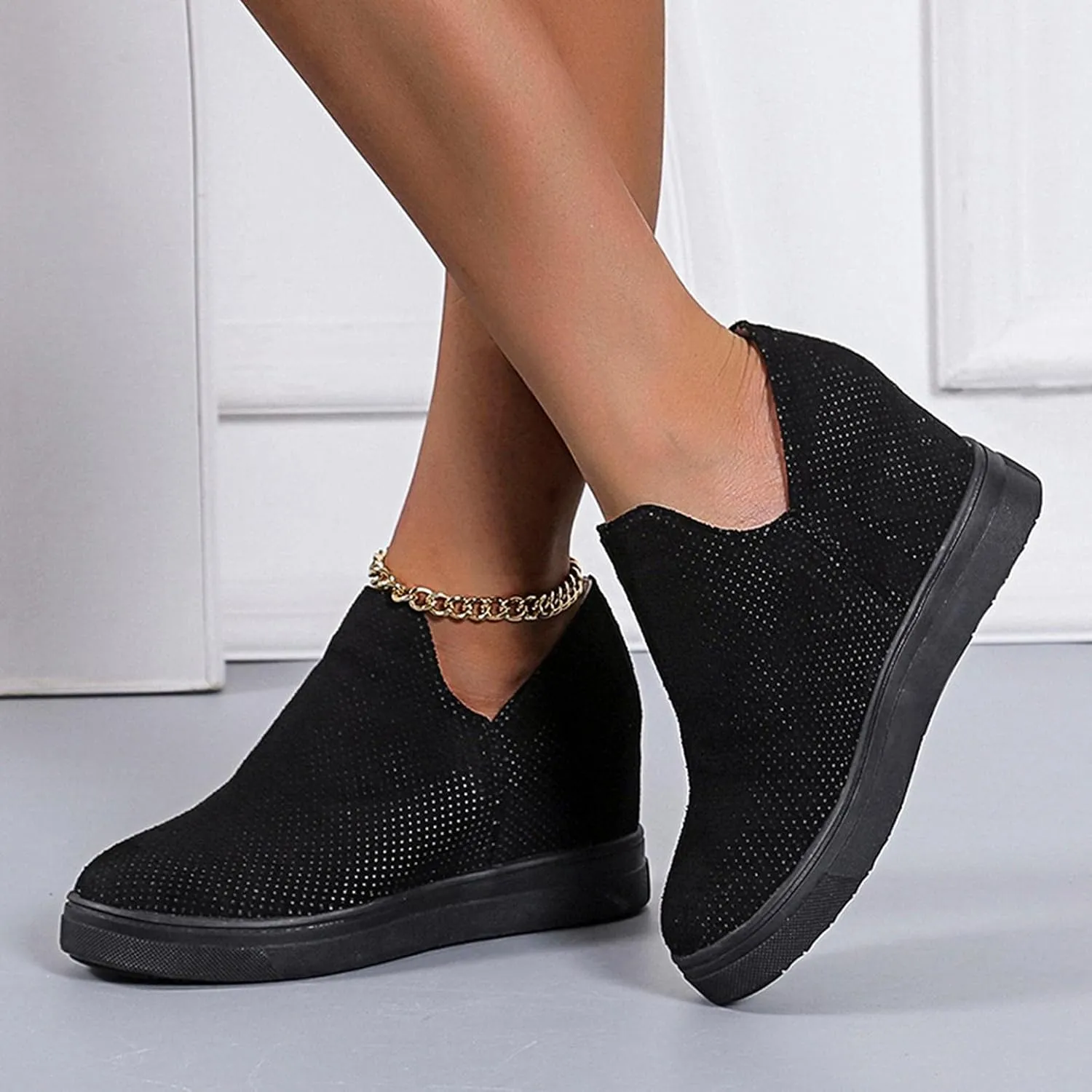 Hbeylia Platform Fashion Sneakers For Women Ladies Fashion Casual V Cut Chunky Bottom Flats Slip On Loafers Breathable Anti Skid Thick Mid Heels Low Top Work Nurse Driving Walking Shoes