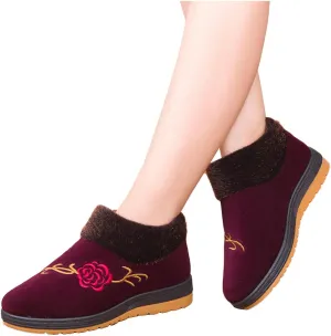 Hbeylia Warm Winter Snow Boots For Women Vintage Fashion Casual Flower Embroidered Platform Wedge Low Heels Non Skid Slip On Ankle Booties With Plush Fur Lined Thermal Short Boots For Mom Mother Gifts